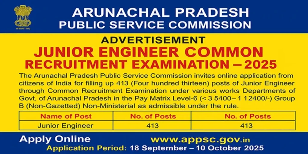Arunachal Pradesh PSC Junior Engineer Recruitment 2025 (413 Posts Vacancy) - FreeJobAlerts.Pro
