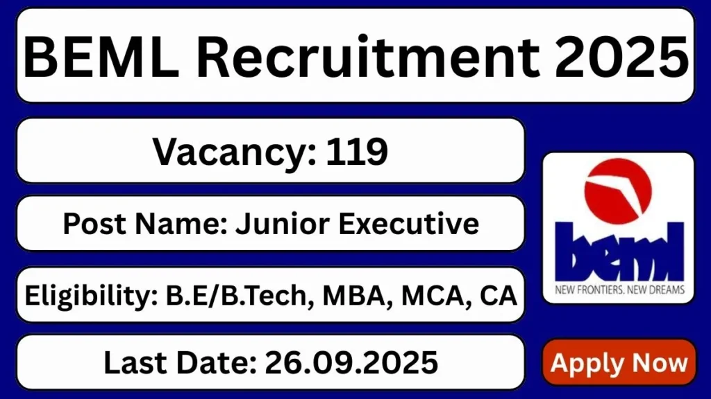 BEML Junior Executives Recruitment 2025 (119 Posts Vacancy) - FreeJobAlerts.Pro
